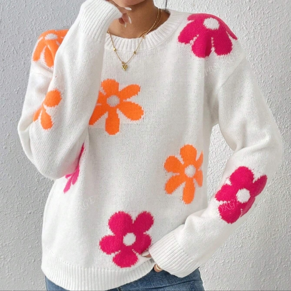 Print Round Neck Drop Shoulder Long Sleeve Casual Loose Pullover Sweater, - Picture 3 of 5